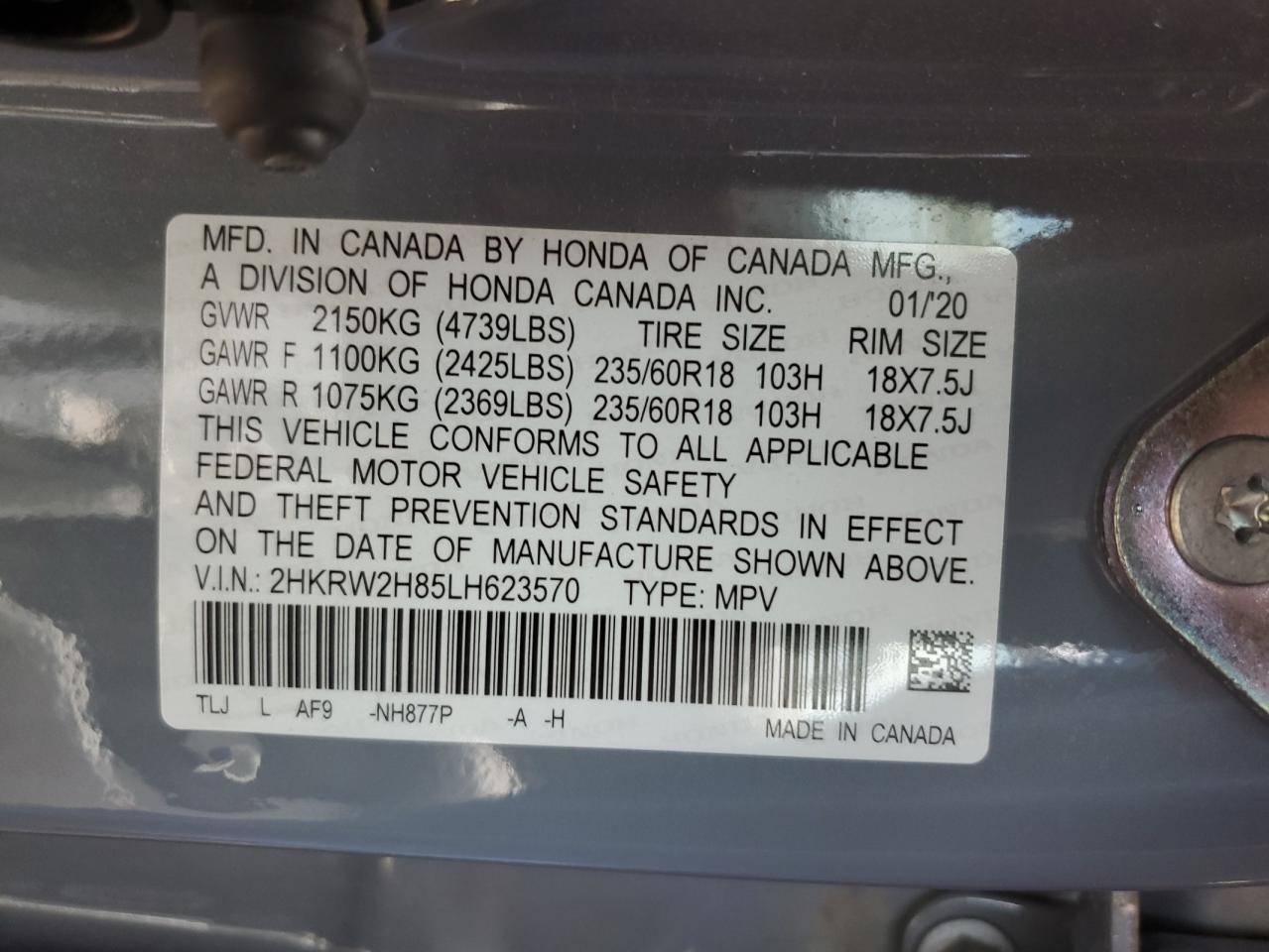 2020 Honda Cr-V Exl VIN: 2HKRW2H85LH623570 Lot: 65088165