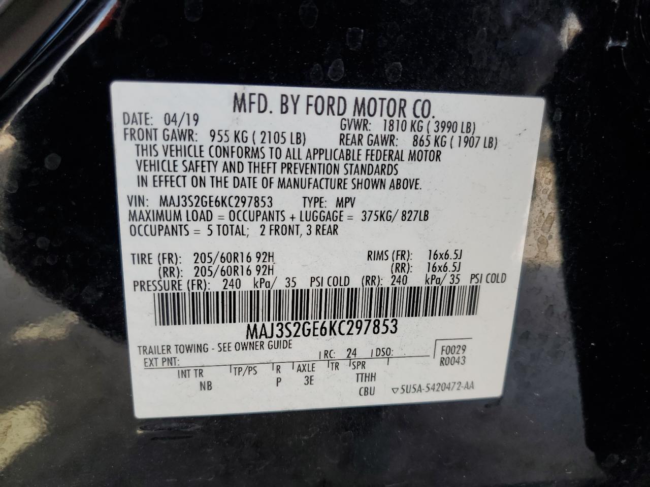2019 Ford Ecosport Se VIN: MAJ3S2GE6KC297853 Lot: 63985475