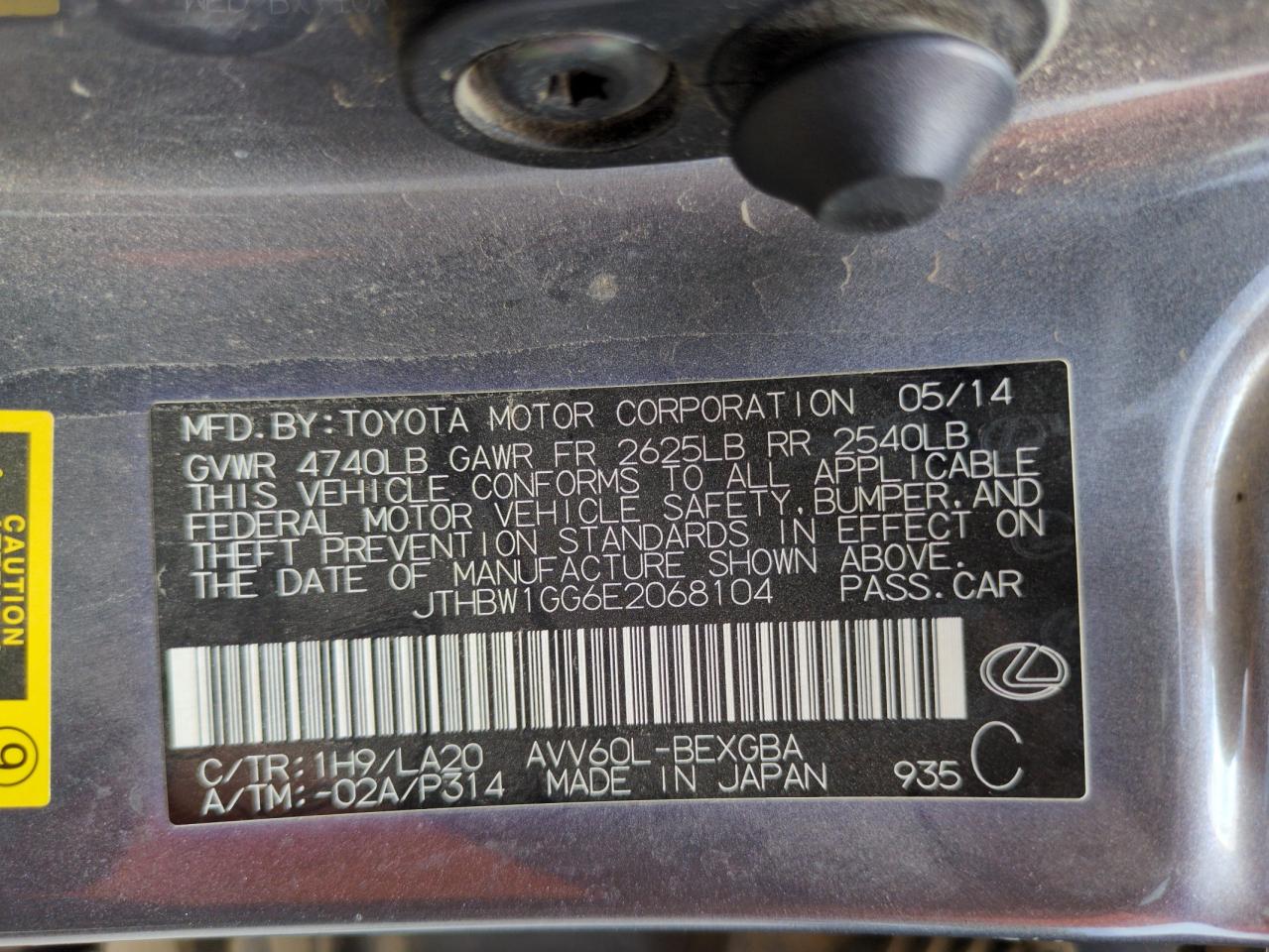 2014 Lexus Es 300H VIN: JTHBW1GG6E2068104 Lot: 64040005