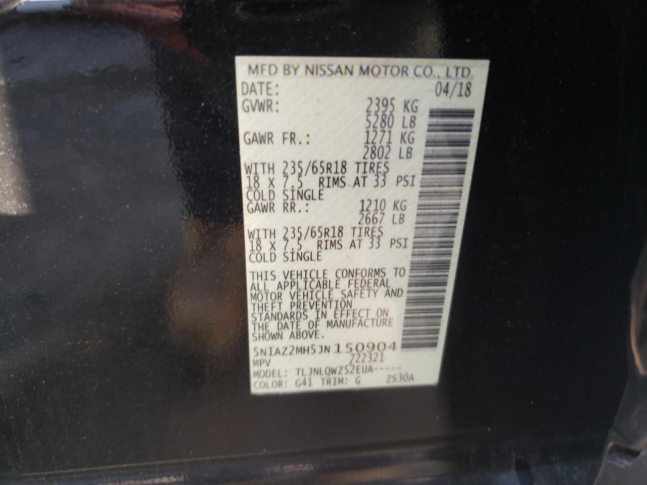 2018 Nissan Murano S VIN: 5N1AZ2MH5JN150904 Lot: 63149345