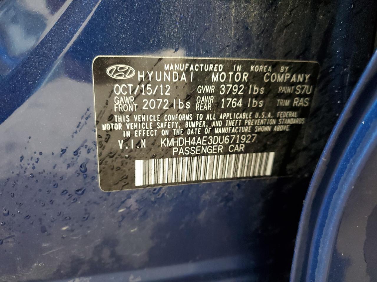 2013 Hyundai Elantra Gls VIN: KMHDH4AE3DU671927 Lot: 65530085