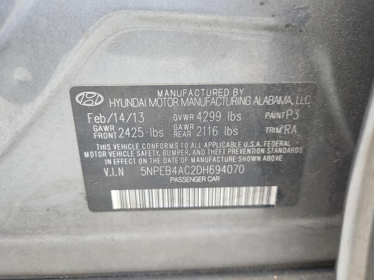 5npeb4ac2dh694070 5NPEB4AC2DH694070 2013 Hyundai Sonata Gls