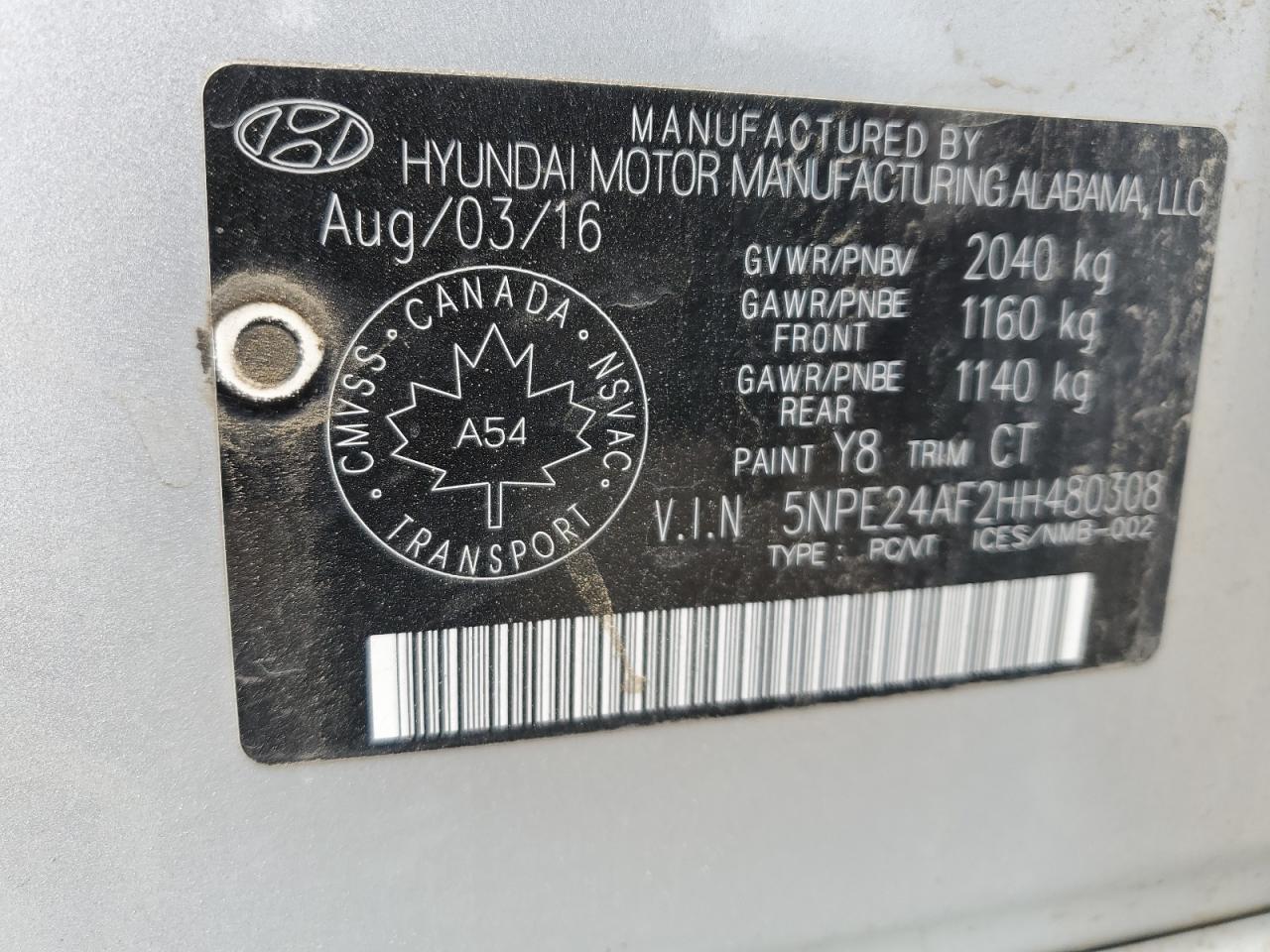 2017 Hyundai Sonata Se VIN: 5NPE24AF2HH480308 Lot: 63853125