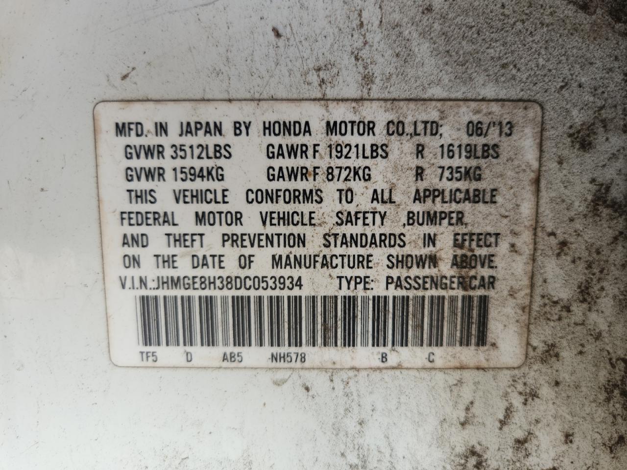 2013 Honda Fit VIN: JHMGE8H38DC053934 Lot: 63967485