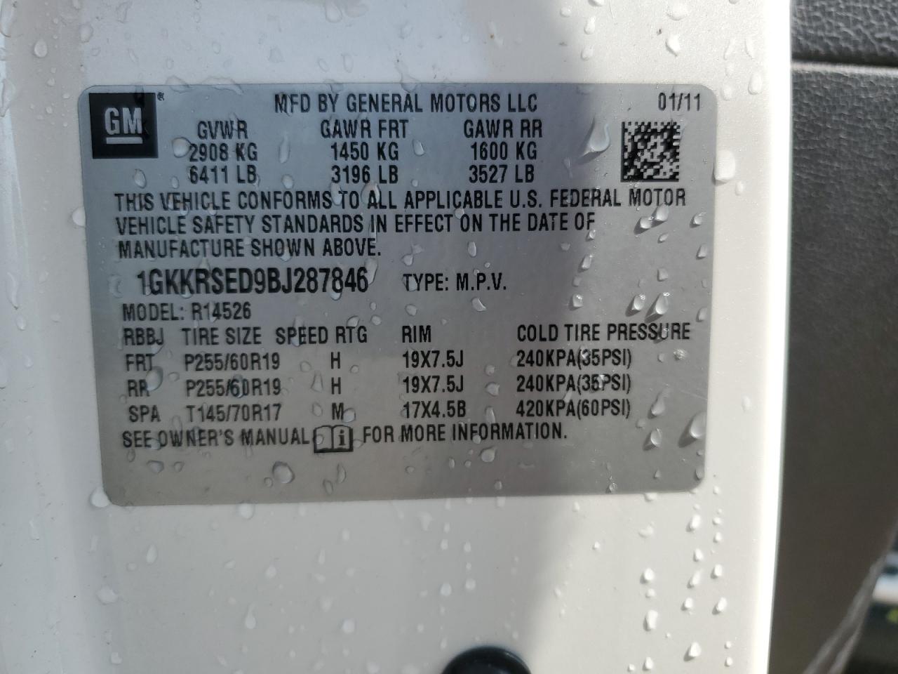 2011 GMC Acadia Slt-2 VIN: 1GKKRSED9BJ287846 Lot: 66303855