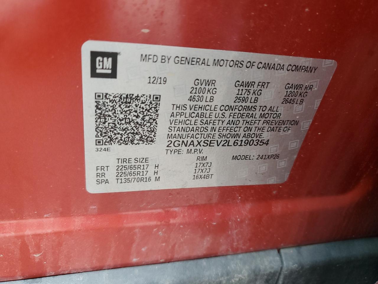 2020 Chevrolet Equinox Ls VIN: 2GNAXSEV2L6190354 Lot: 64614965