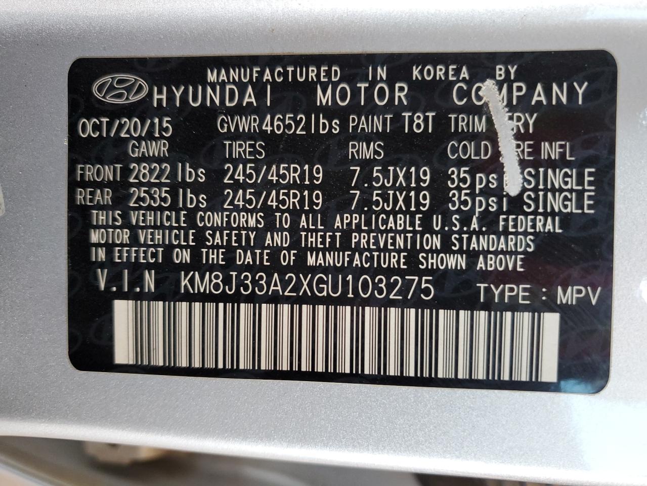 2016 Hyundai Tucson Limited VIN: KM8J33A2XGU103275 Lot: 66148655