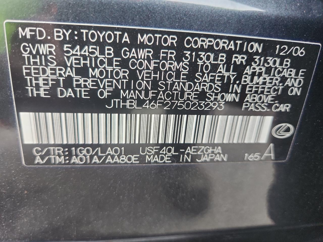 2007 Lexus Ls 460 VIN: JTHBL46F275023293 Lot: 63520995