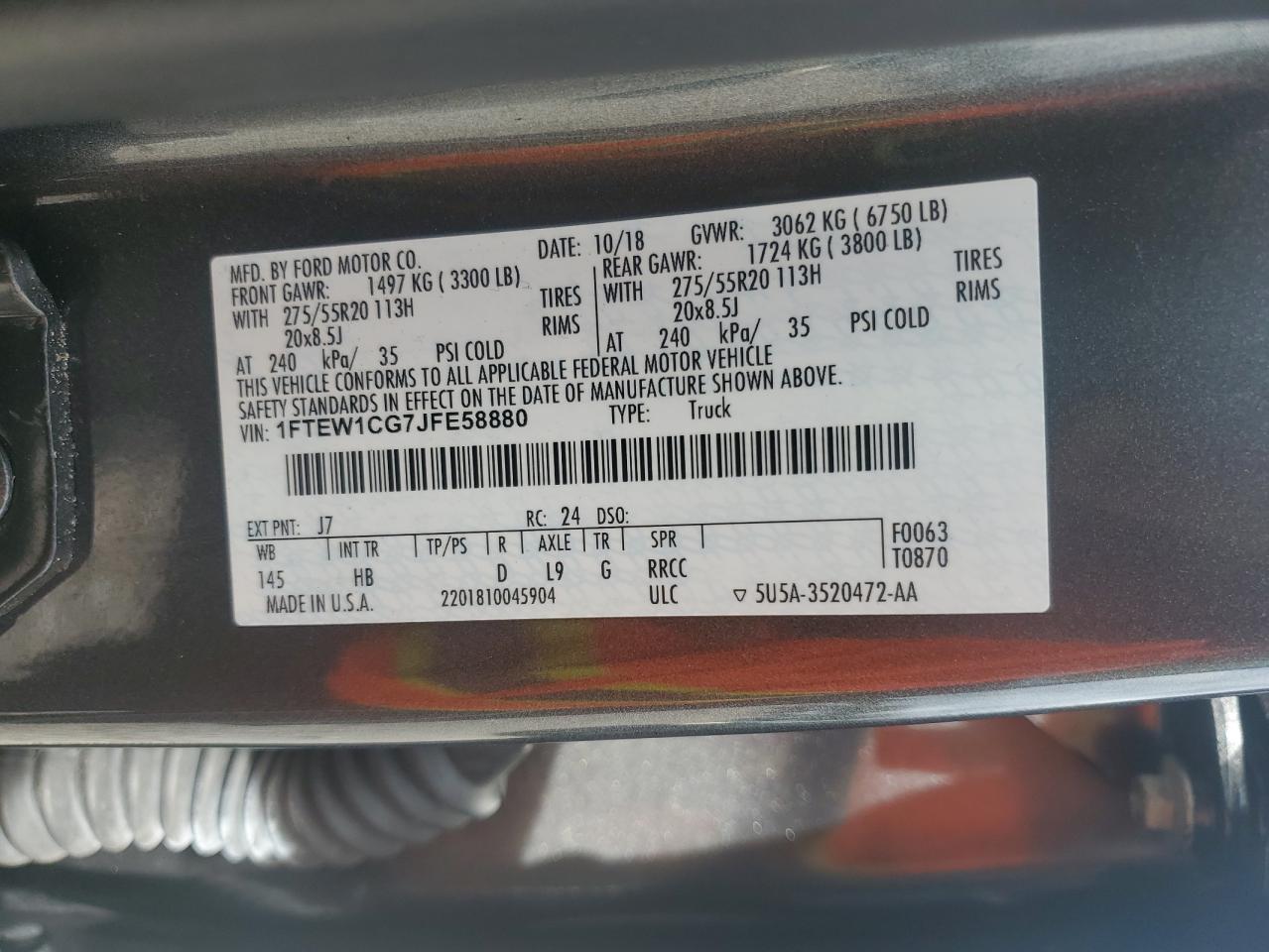 2018 Ford F150 Supercrew VIN: 1FTEW1CG7JFE58880 Lot: 64809645