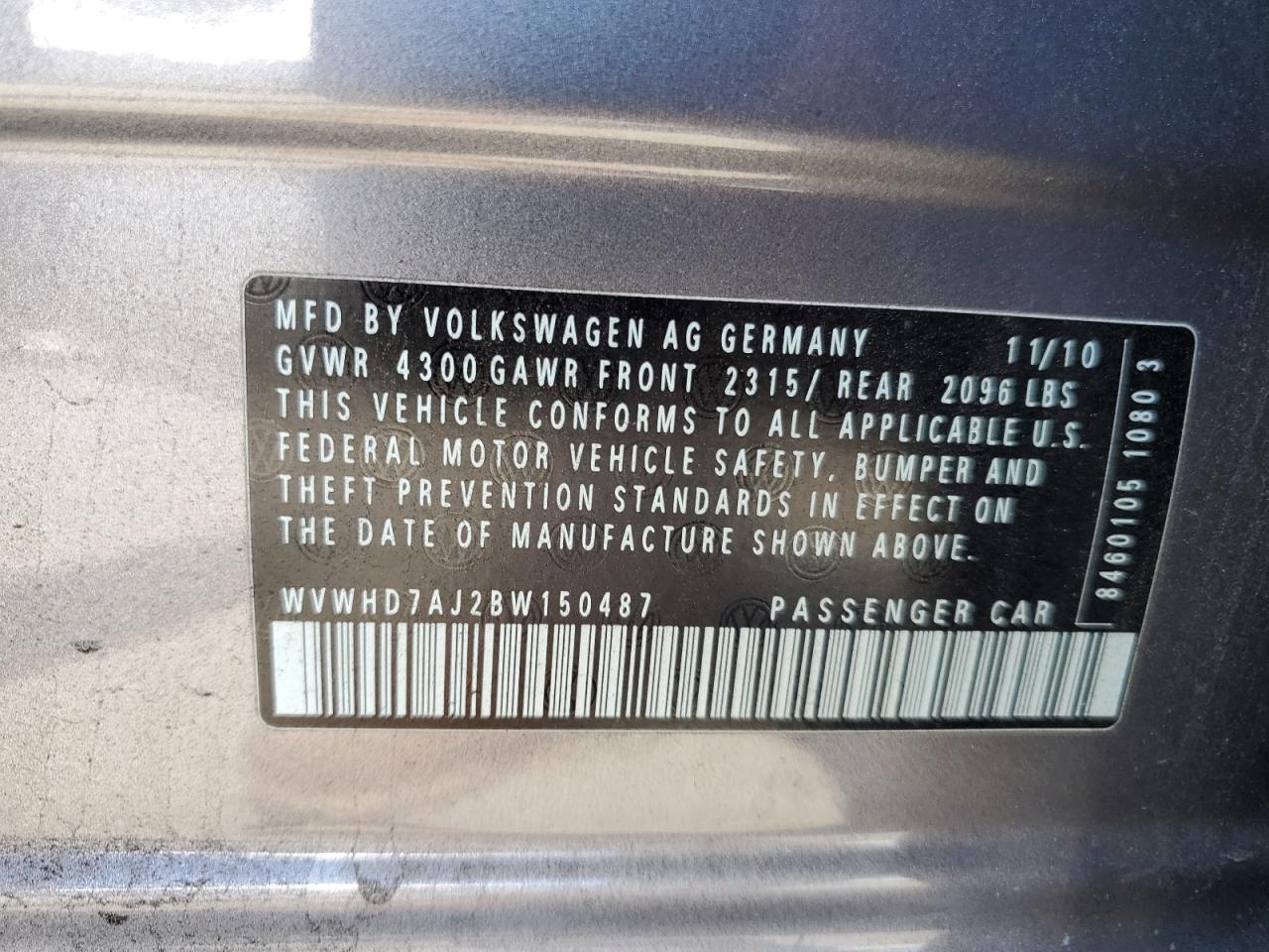 2011 Volkswagen Gti VIN: WVWHD7AJ2BW150487 Lot: 63340005