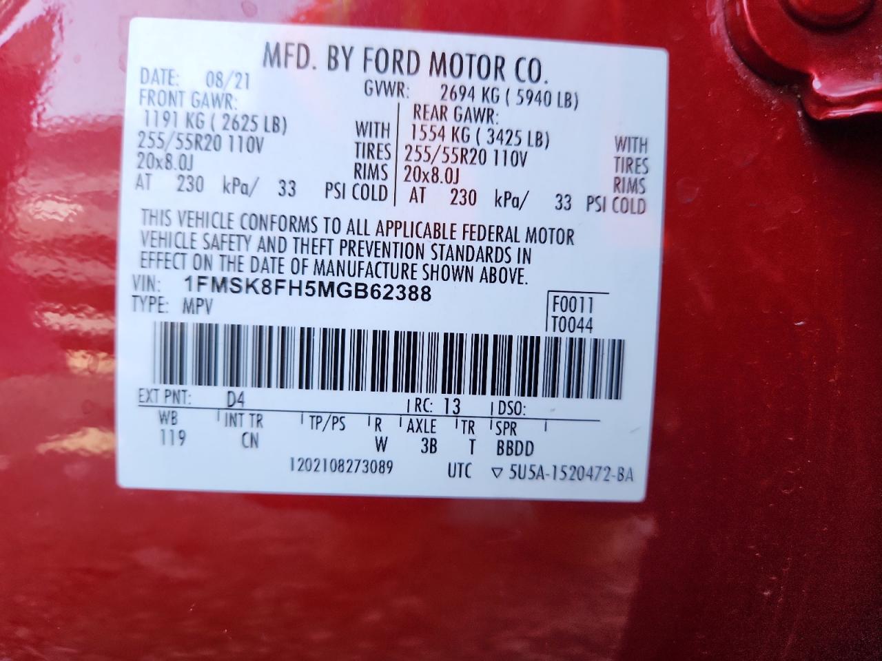 2021 Ford Explorer Limited VIN: 1FMSK8FH5MGB62388 Lot: 64280885