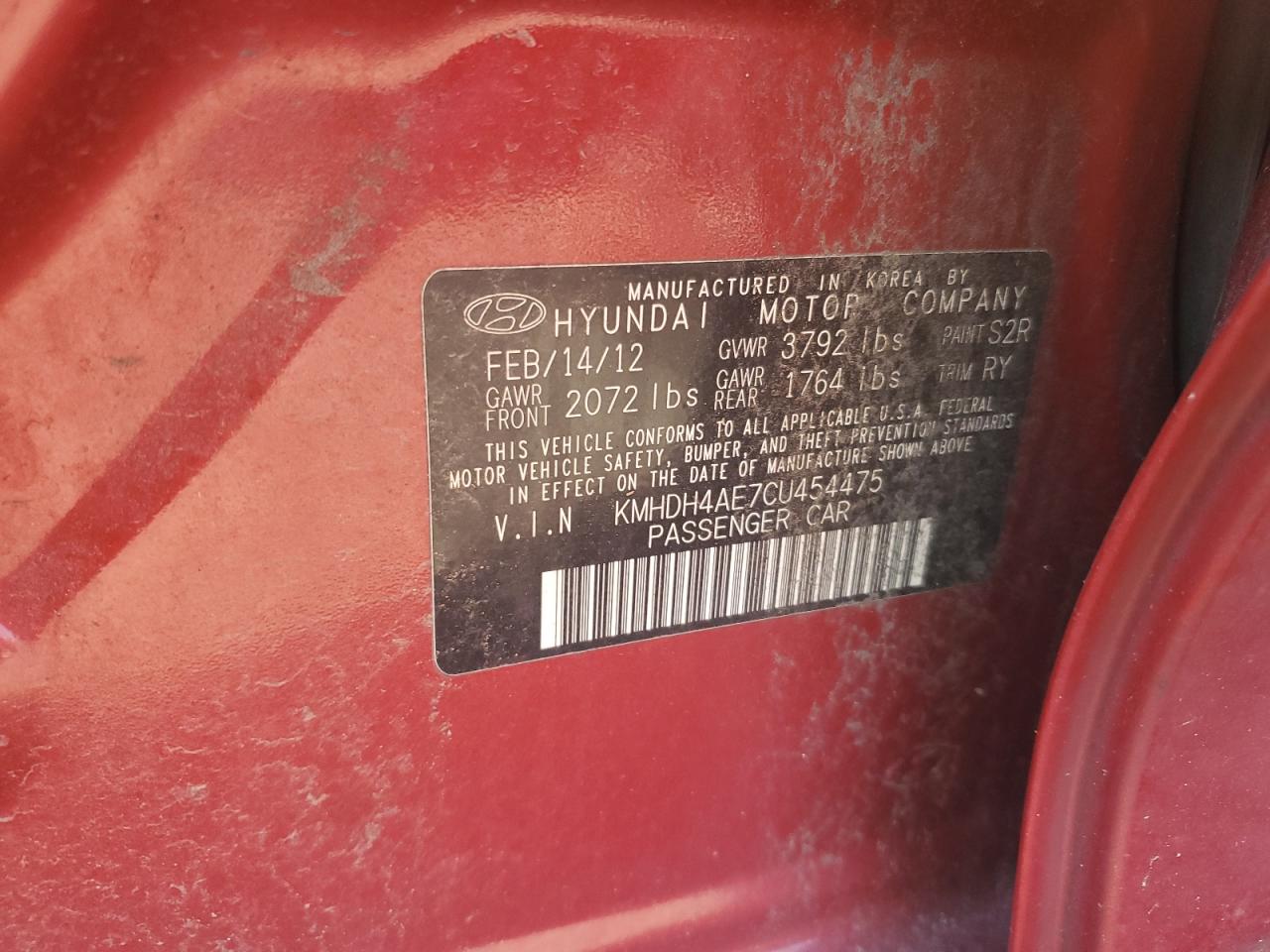 2012 Hyundai Elantra Gls VIN: KMHDH4AE7CU454475 Lot: 66629005