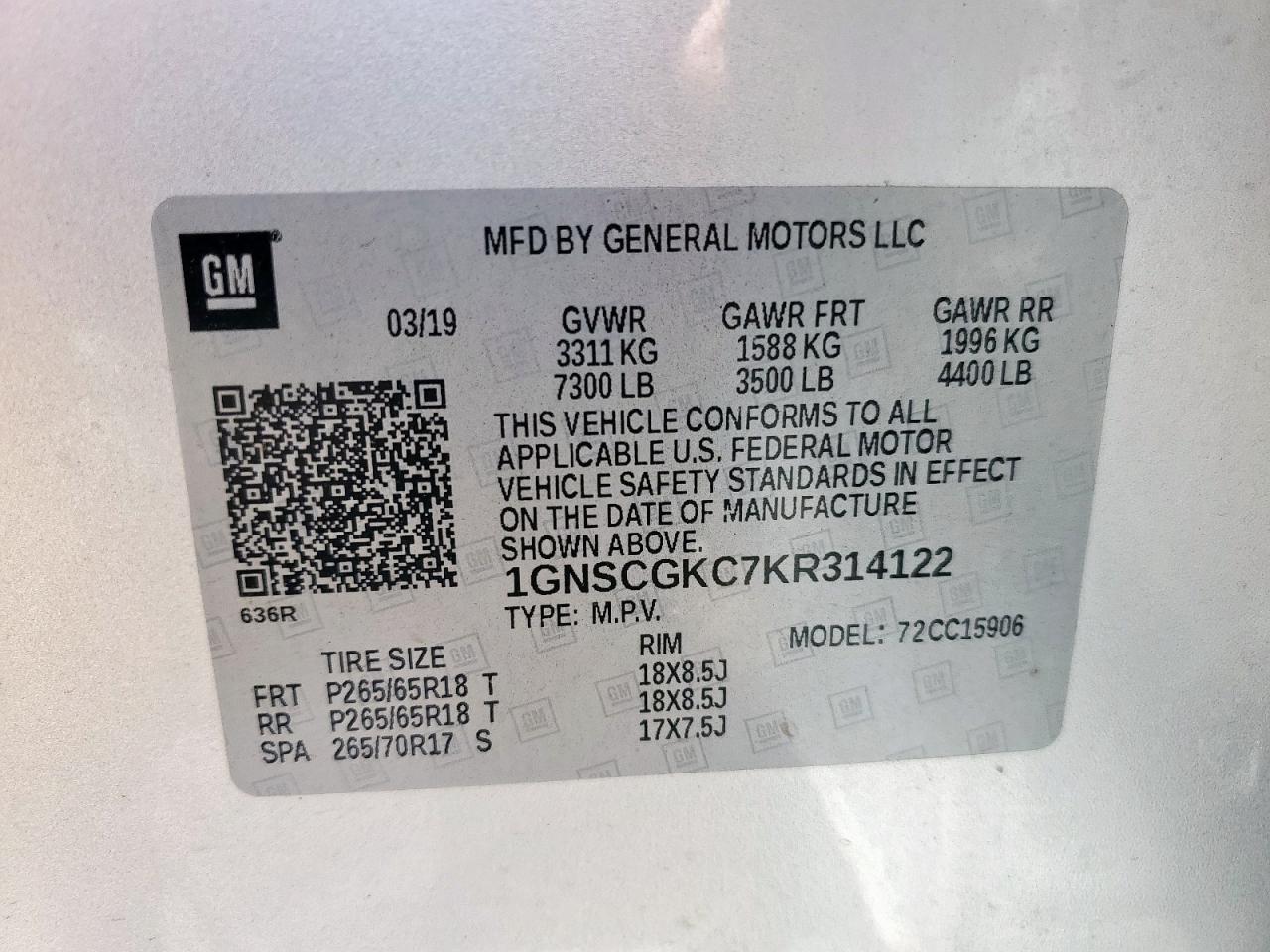 1gnscgkc7kr314122 1GNSCGKC7KR314122 2019 Chevrolet Suburban C1500 Ls