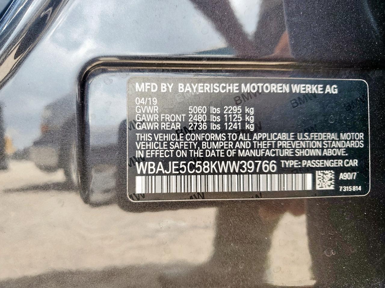 2019 BMW 540 I VIN: WBAJE5C58KWW39766 Lot: 64769625