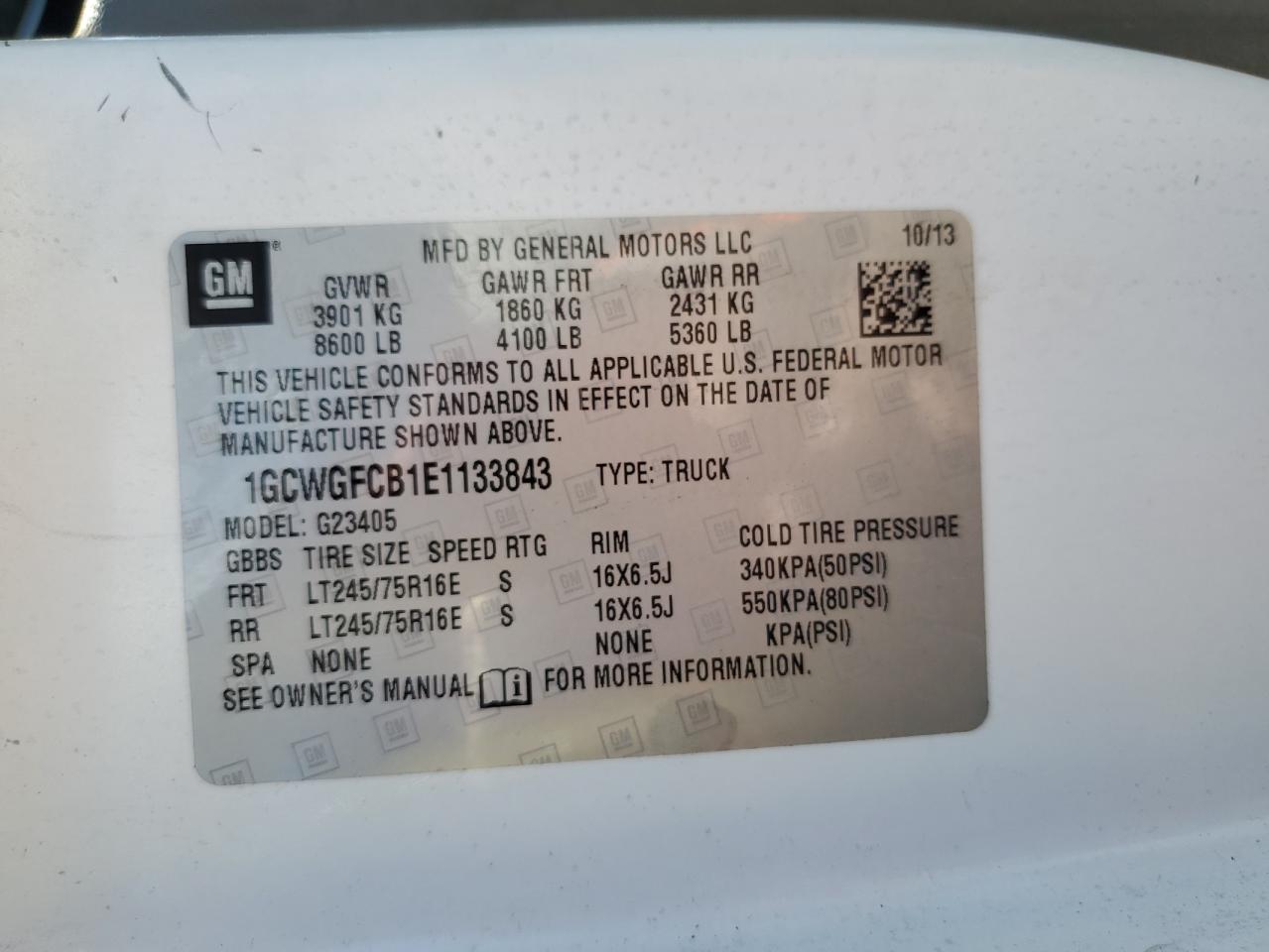 2014 Chevrolet Express G2500 VIN: 1GCWGFCB1E1133843 Lot: 62924095