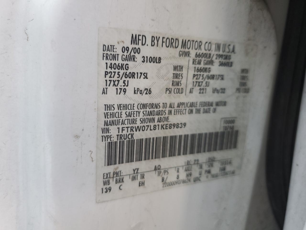 1FTRW07L81KE89839 2001 Ford F150 Supercrew