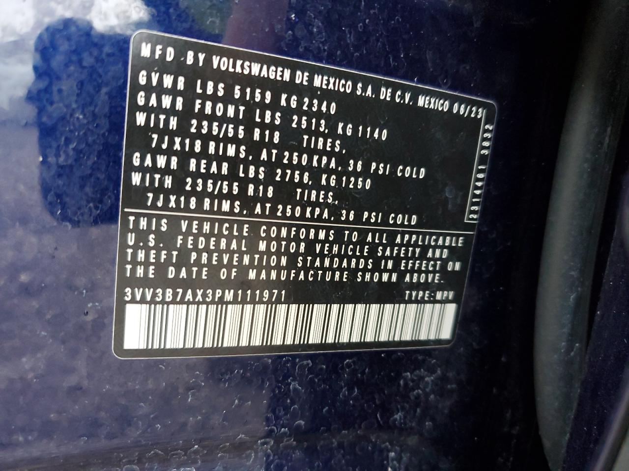 2023 Volkswagen Tiguan Se VIN: 3VV3B7AX3PM111971 Lot: 64895315