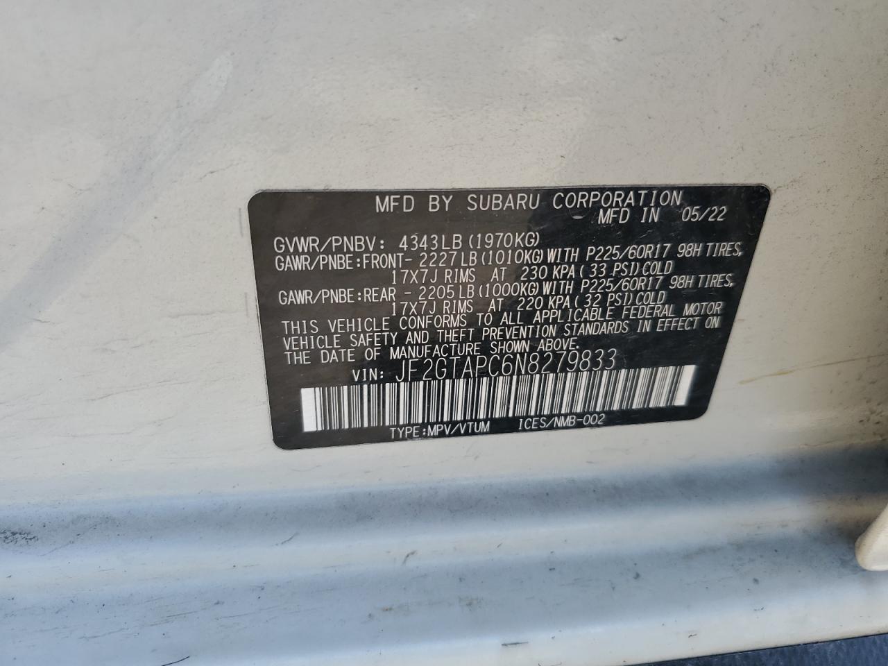 2022 Subaru Crosstrek Premium VIN: JF2GTAPC6N8279833 Lot: 64470345