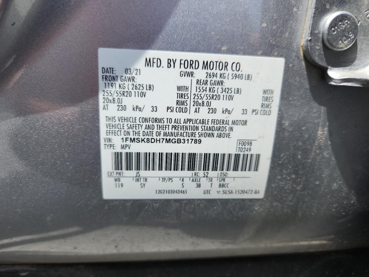 2021 Ford Explorer Xlt VIN: 1FMSK8DH7MGB31789 Lot: 64488545