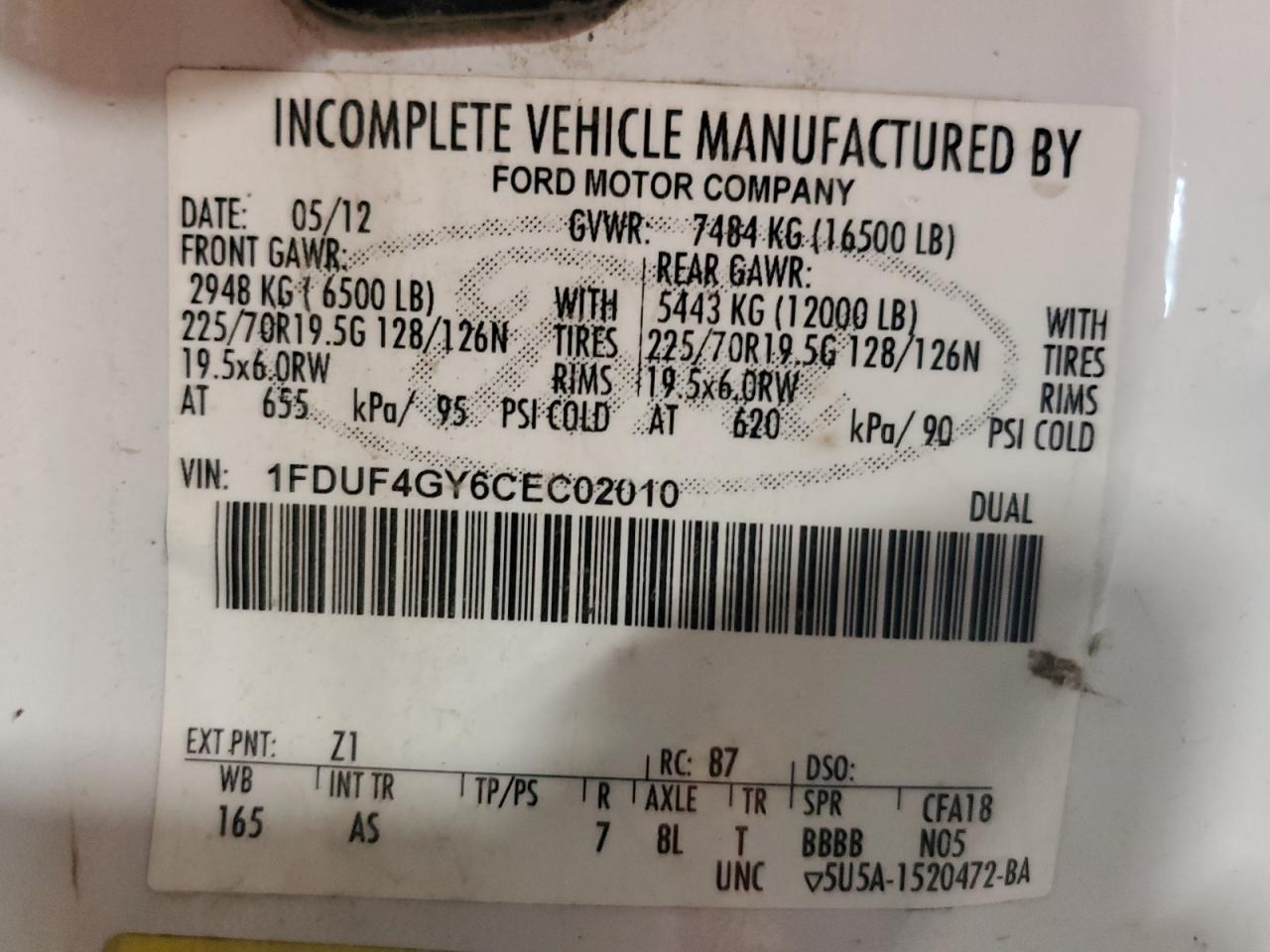 2012 Ford F450 Super Duty VIN: 1FDUF4GY6CEC02010 Lot: 50405295