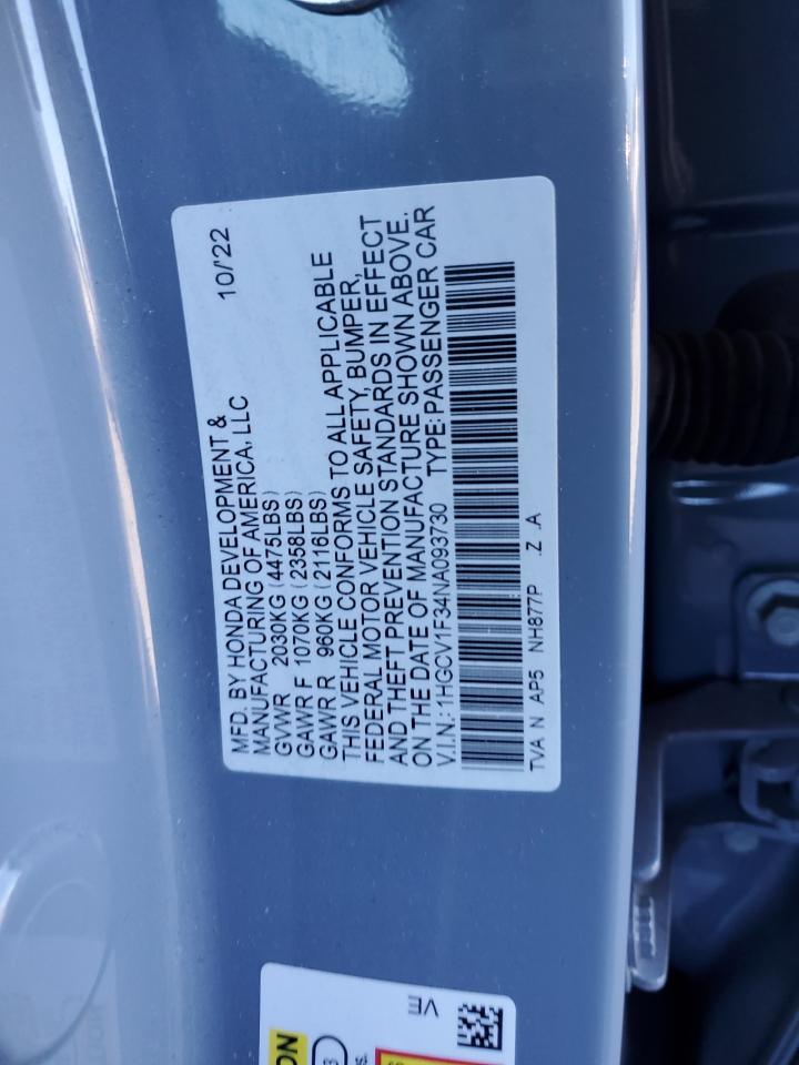 2022 Honda Accord Sport VIN: 1HGCV1F34NA093730 Lot: 64075285