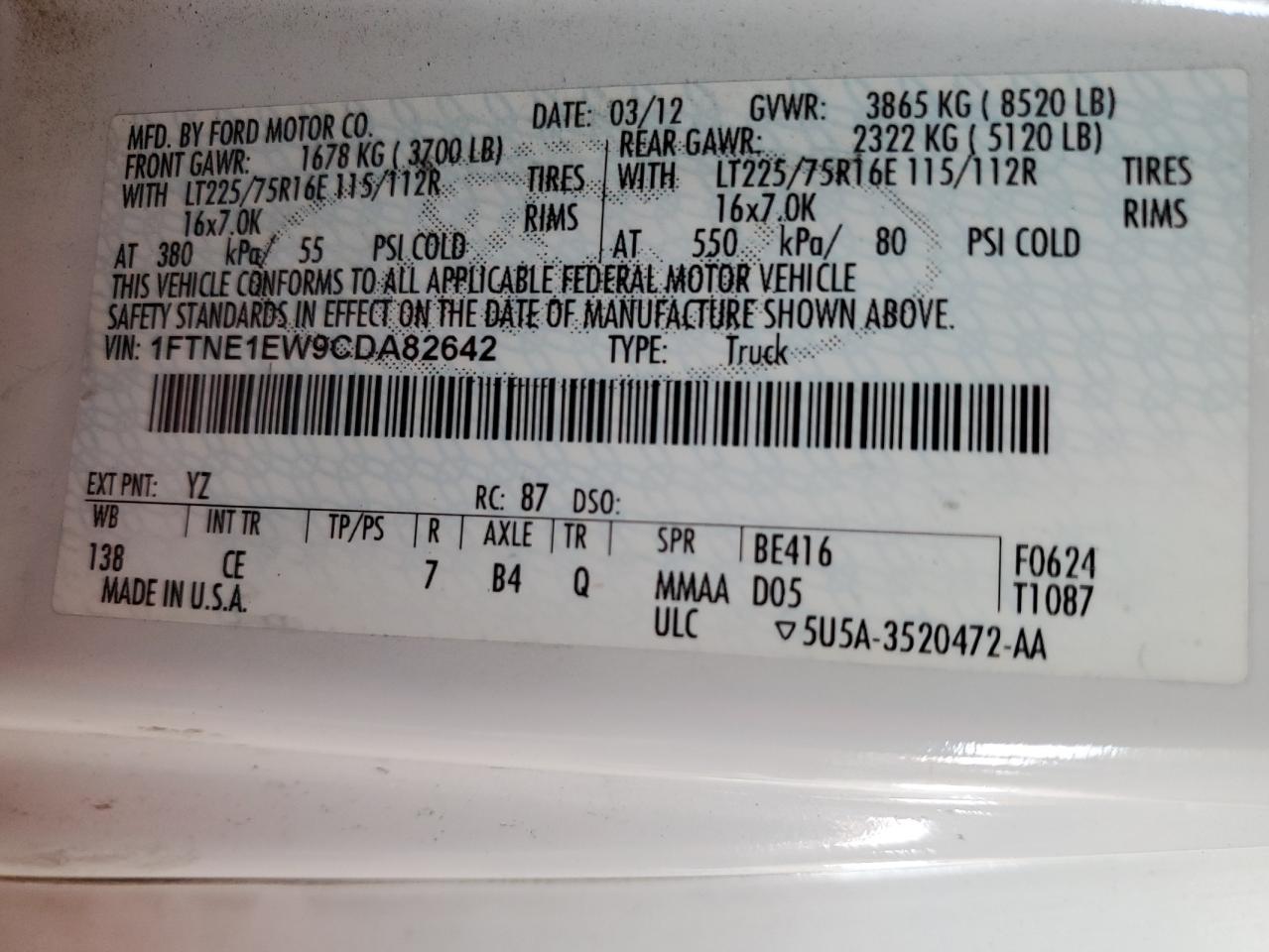 2012 Ford Econoline E150 Van VIN: 1FTNE1EW9CDA82642 Lot: 64330245