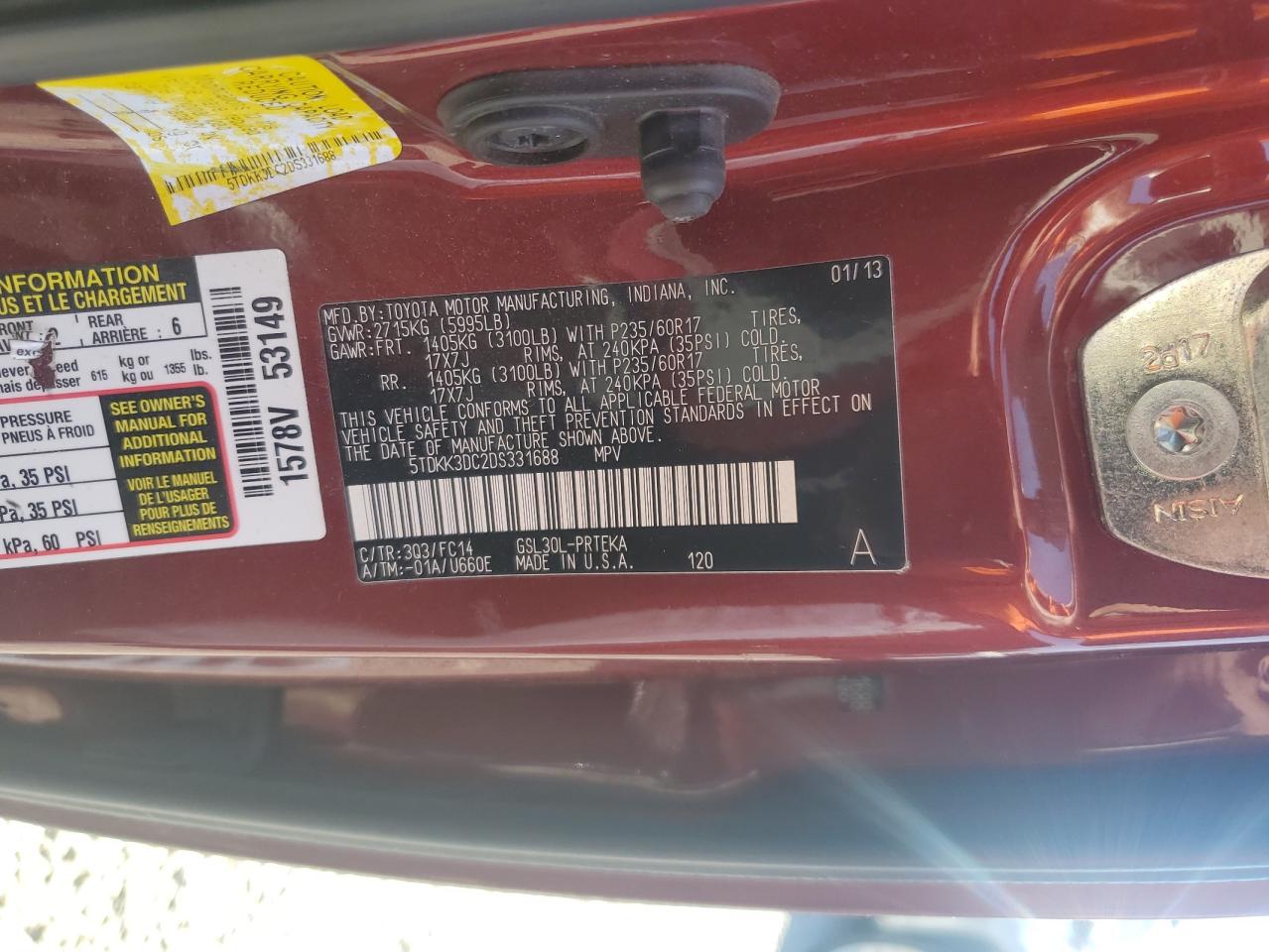 2013 Toyota Sienna Le VIN: 5TDKK3DC2DS331688 Lot: 65268245