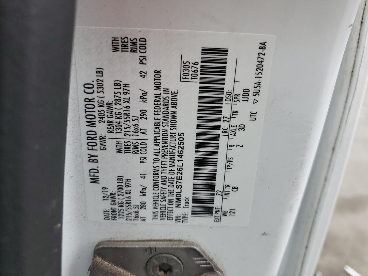 2020 Ford Transit Connect Xl VIN: NM0LS7E26L1462505 Lot: 65442845
