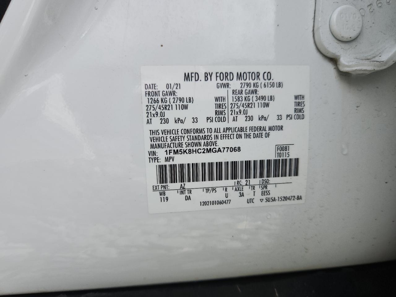 2021 Ford Explorer Platinum VIN: 1FM5K8HC2MGA77068 Lot: 63209015
