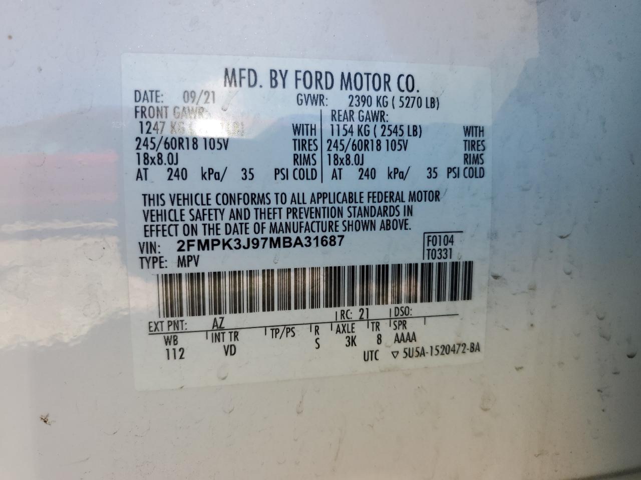 2021 Ford Edge Sel VIN: 2FMPK3J97MBA31687 Lot: 64634955