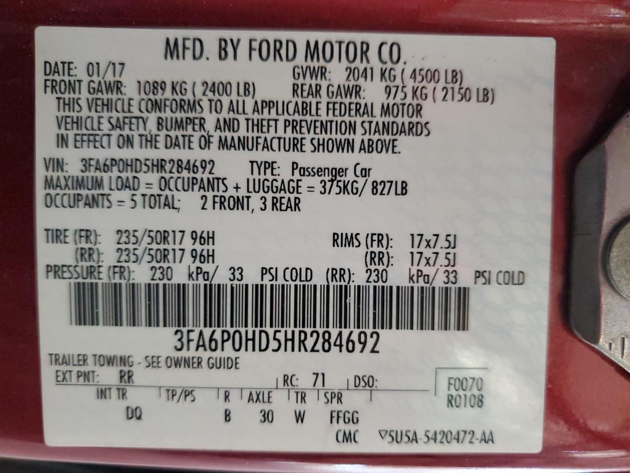2017 Ford Fusion Se VIN: 3FA6P0HD5HR284692 Lot: 65374605