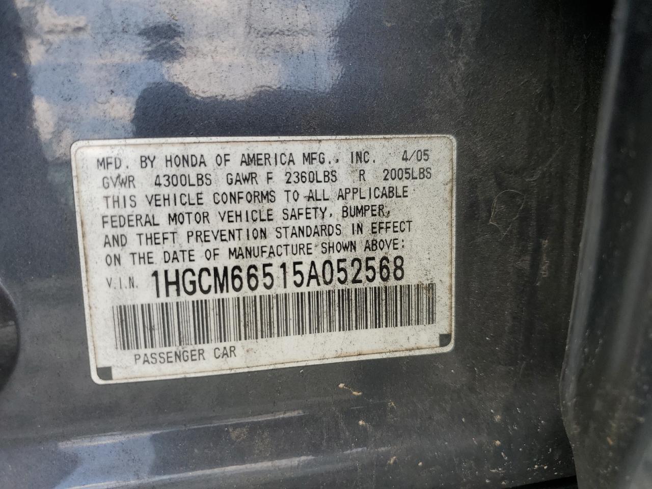 2005 Honda Accord Ex VIN: 1HGCM66515A052568 Lot: 63995735