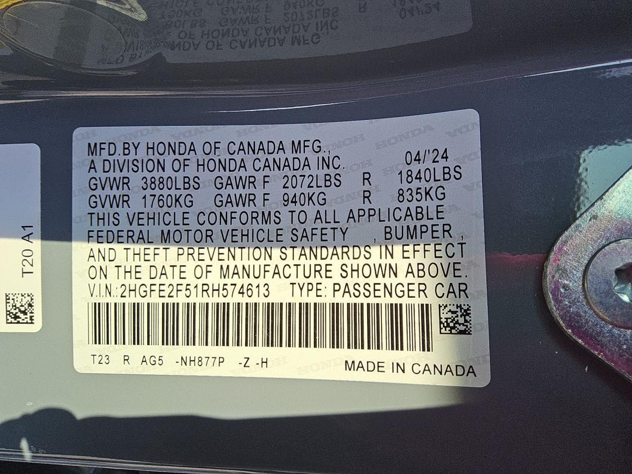 2024 Honda Civic Sport VIN: 2HGFE2F51RH574613 Lot: 63551095