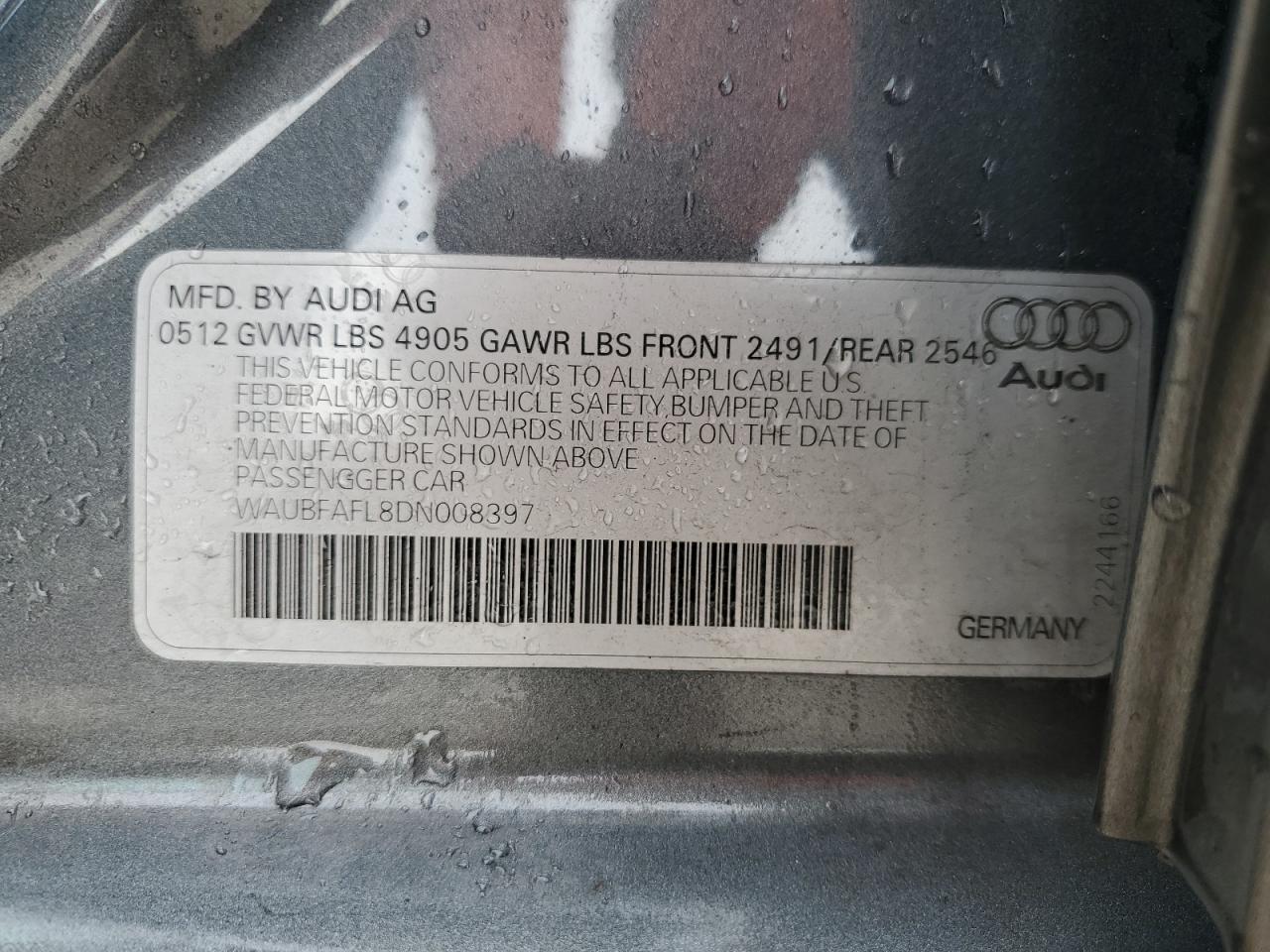 2013 Audi A4 Premium VIN: WAUBFAFL8DN008397 Lot: 64733945