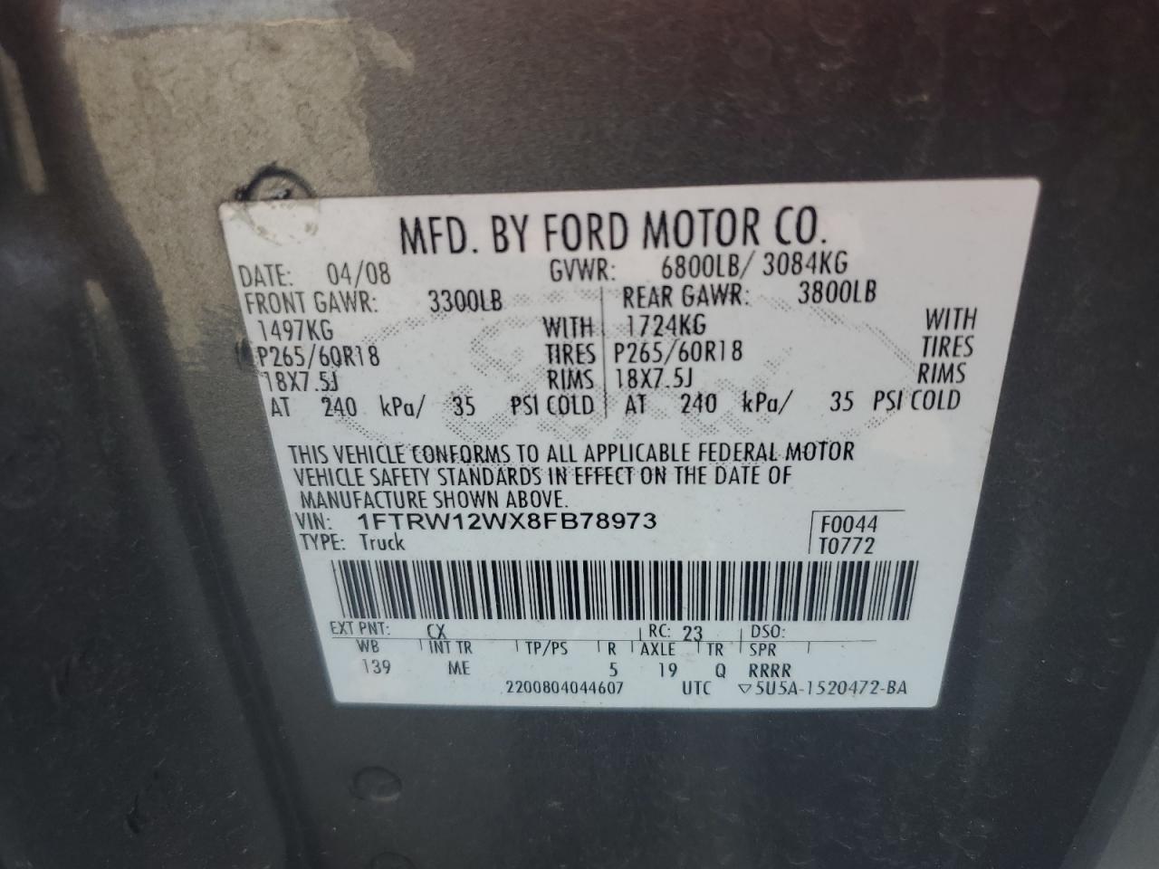 2008 Ford F150 Supercrew VIN: 1FTRW12WX8FB78973 Lot: 65948035