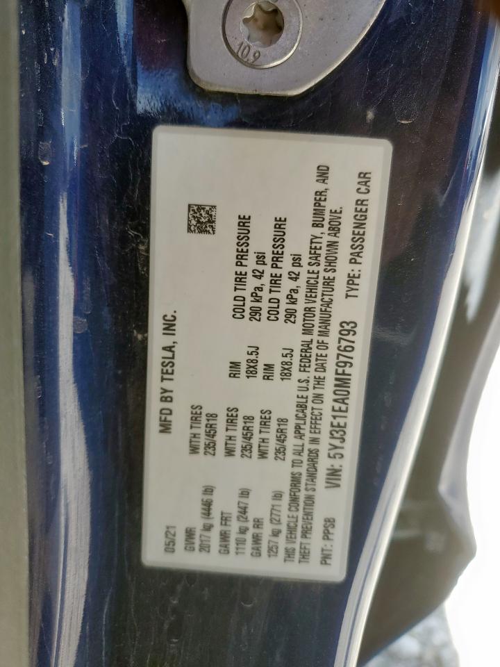2021 Tesla Model 3 VIN: 5YJ3E1EA0MF976793 Lot: 64823565