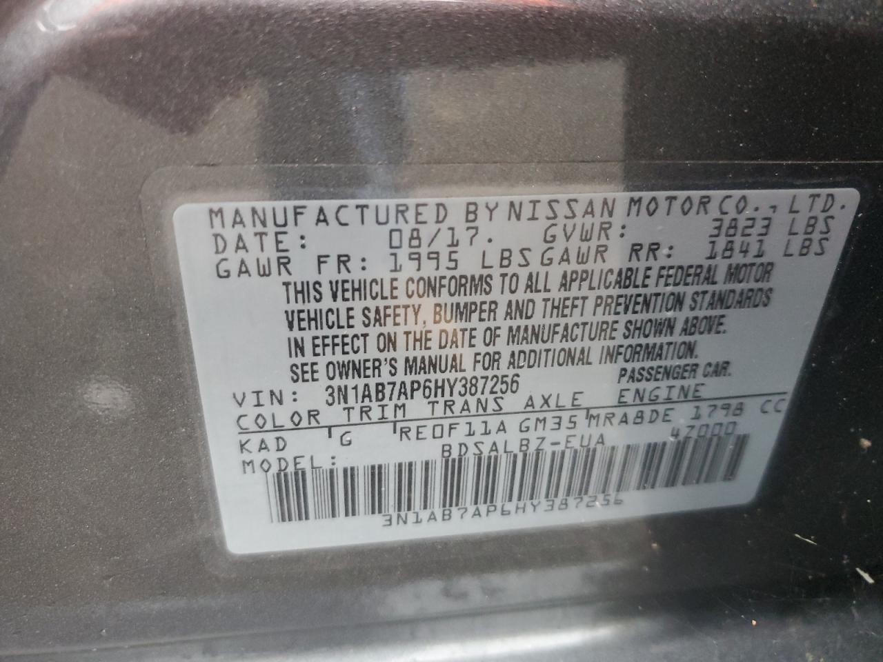 2017 Nissan Sentra S VIN: 3N1AB7AP6HY387256 Lot: 62789415