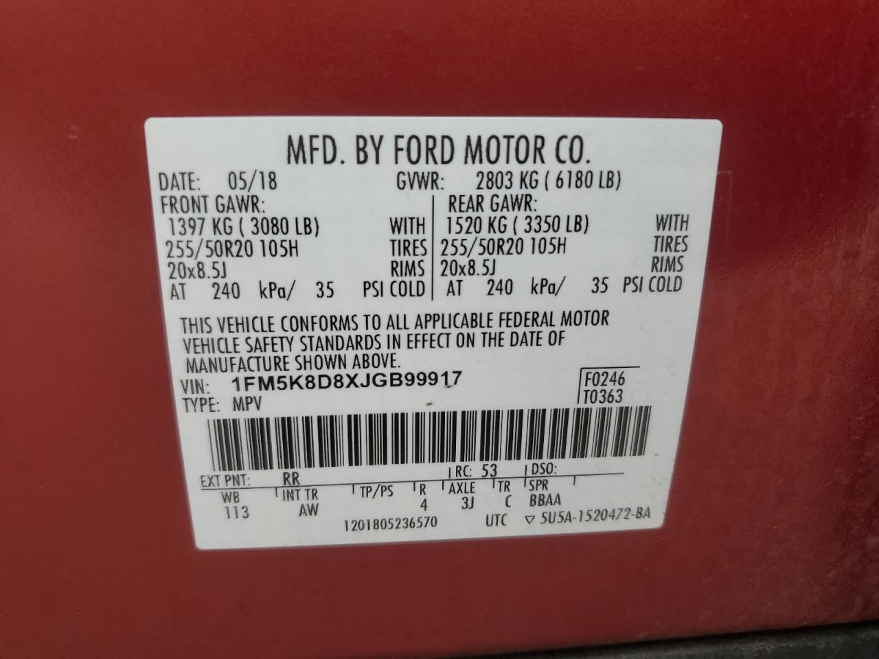 2018 Ford Explorer Xlt VIN: 1FM5K8D8XJGB99917 Lot: 65044585