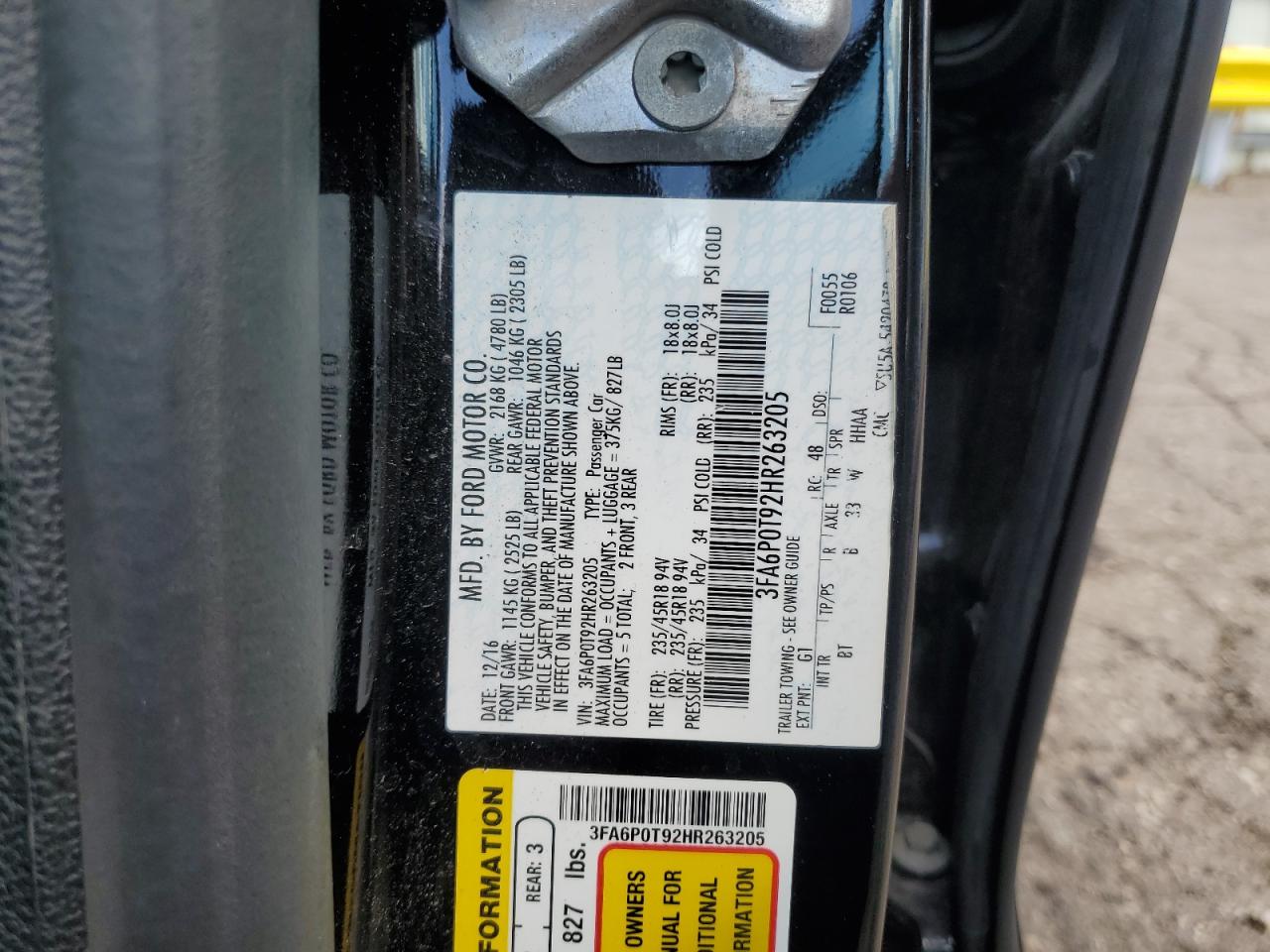 2017 Ford Fusion Se VIN: 3FA6P0T92HR263205 Lot: 64937325
