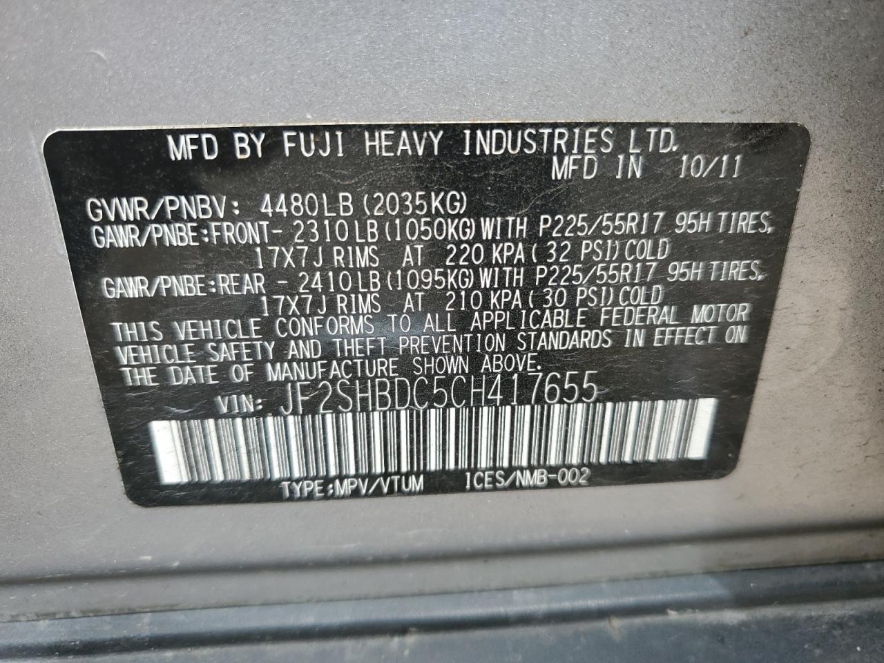 2012 Subaru Forester 2.5X Premium VIN: JF2SHBDC5CH417655 Lot: 65363435