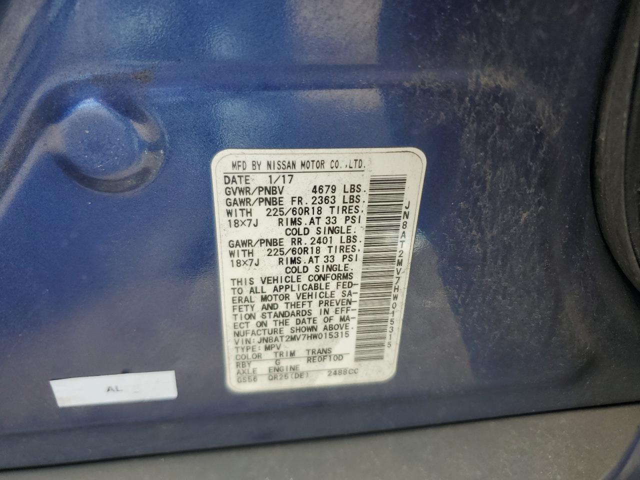 2017 Nissan Rogue S VIN: JN8AT2MV7HW015315 Lot: 65262055