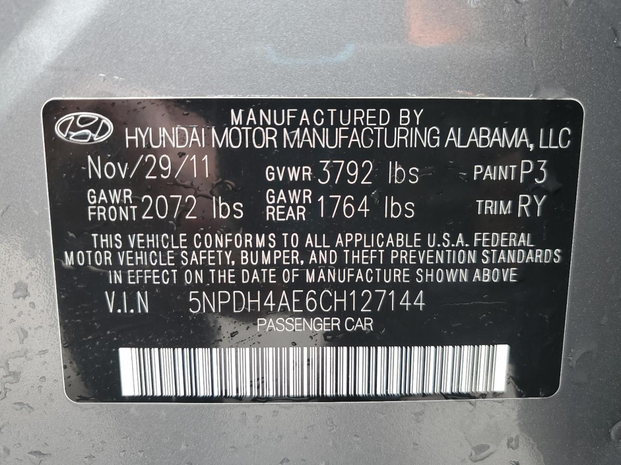 2012 Hyundai Elantra Gls VIN: 5NPDH4AE6CH127144 Lot: 64667345