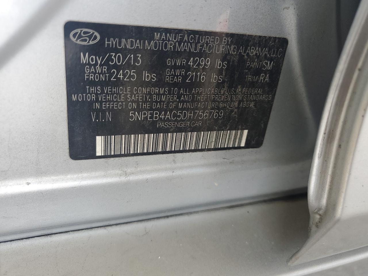 2013 Hyundai Sonata Gls VIN: 5NPEB4AC5DH756769 Lot: 63851125