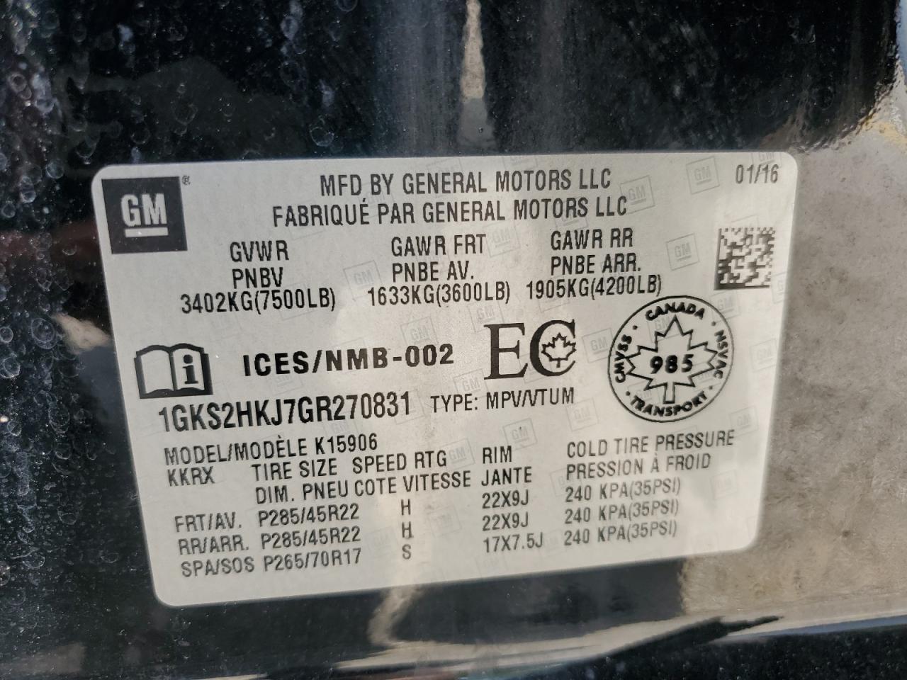 2016 GMC Yukon Xl Denali VIN: 1GKS2HKJ7GR270831 Lot: 64490645