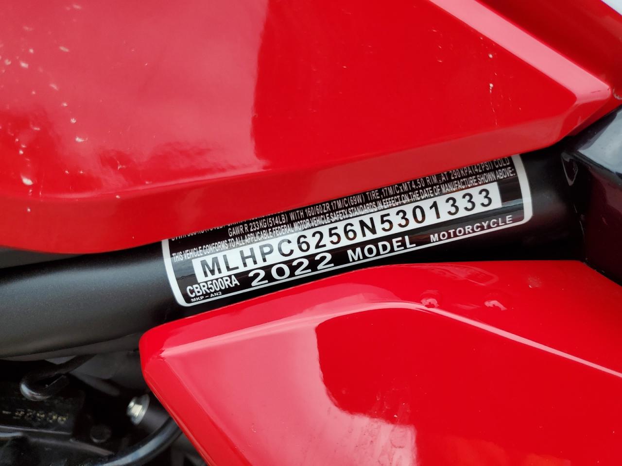2022 Honda Cbr500 Ra VIN: MLHPC6256N5301333 Lot: 64444905
