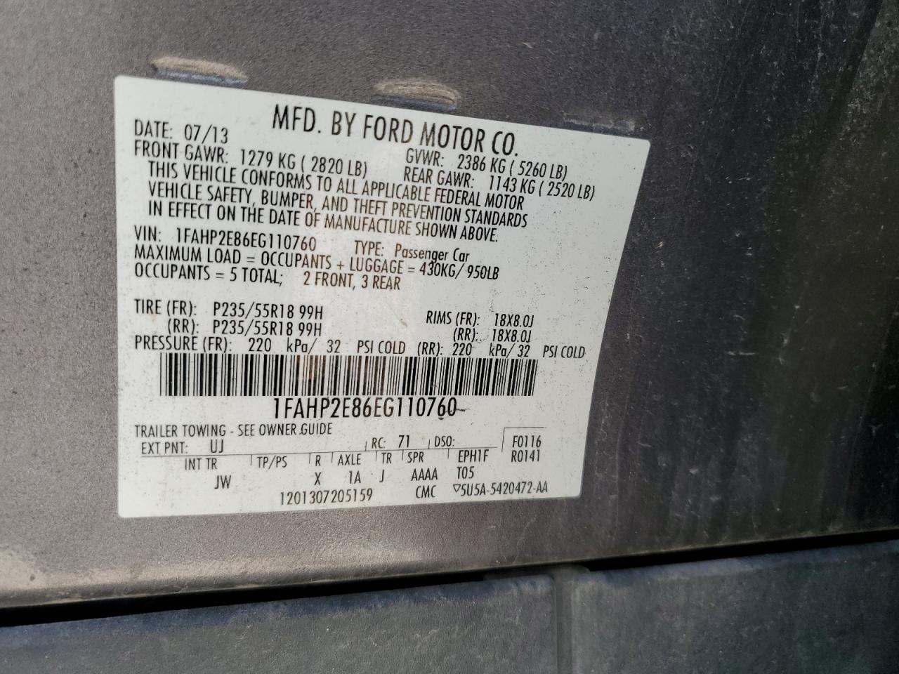 2014 Ford Taurus Sel VIN: 1FAHP2E86EG110760 Lot: 64842285