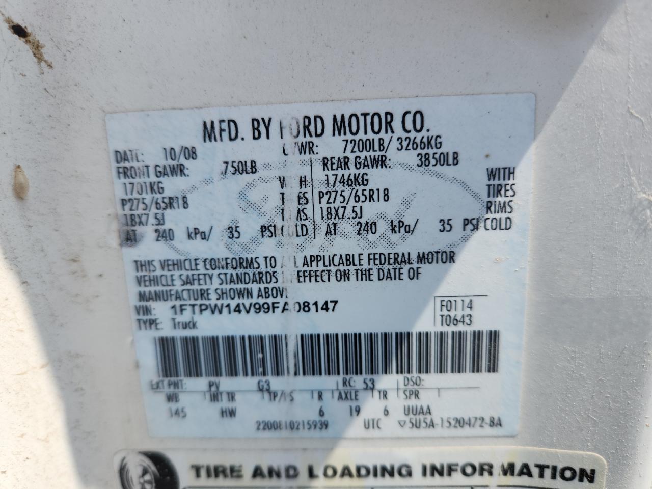 2009 Ford F150 Supercrew VIN: 1FTPW14V99FA08147 Lot: 65380465