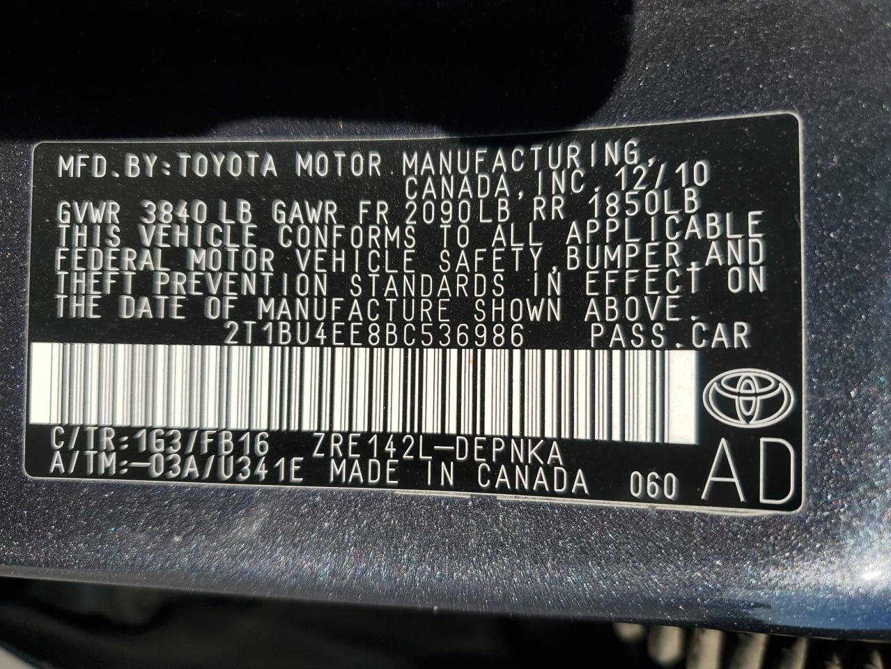 2011 Toyota Corolla Base VIN: 2T1BU4EE8BC536986 Lot: 65091965