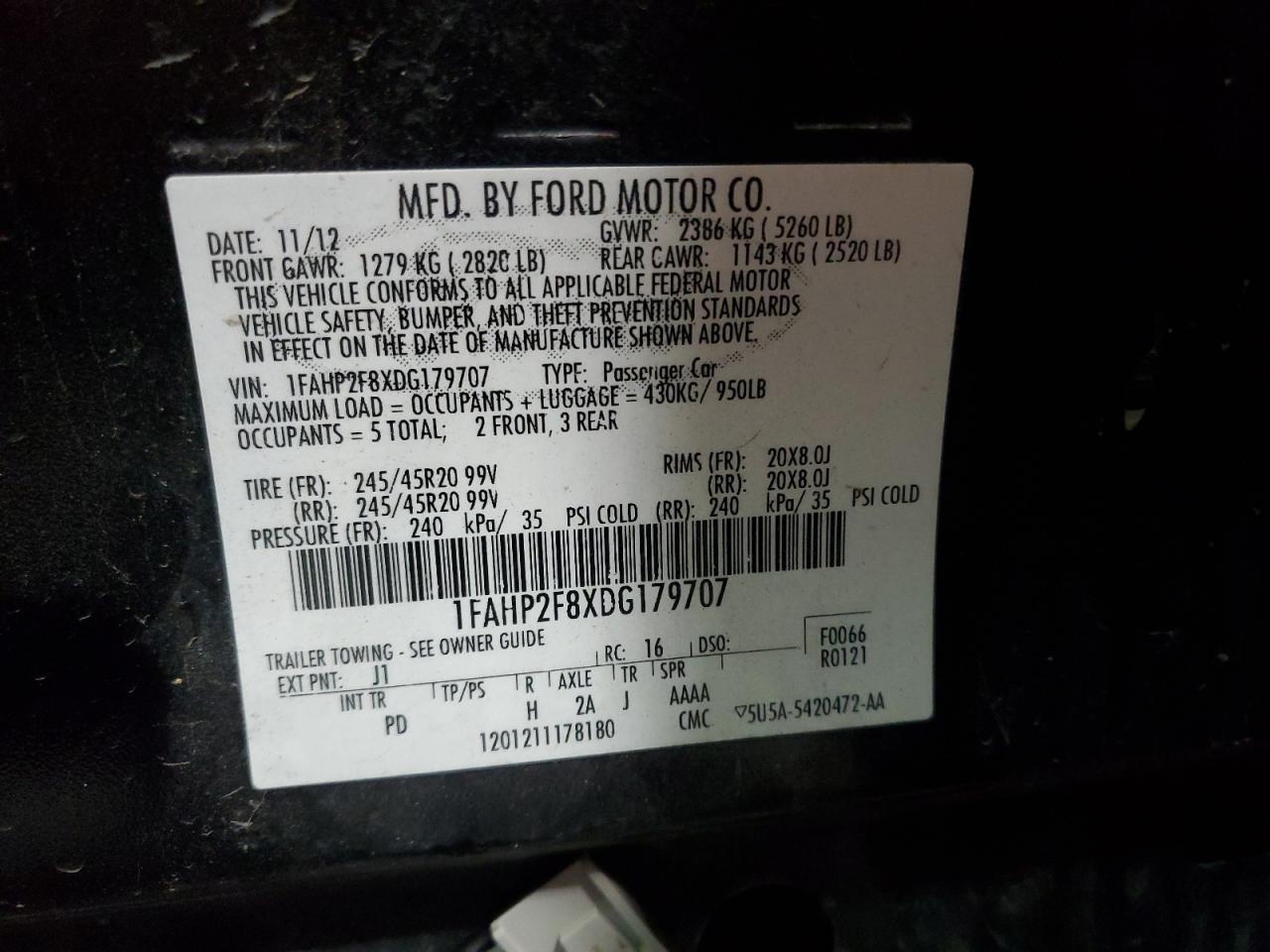 2013 Ford Taurus Limited VIN: 1FAHP2F8XDG179707 Lot: 65268495