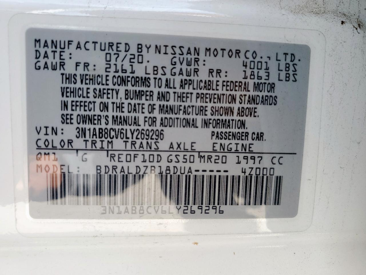2020 Nissan Sentra Sv VIN: 3N1AB8CV6LY269296 Lot: 63771335